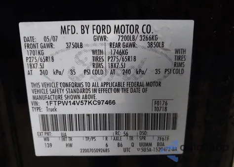 2007 Ford F-150 Fx4/Lariat/Xlt z USA, uszkodzony, nr VIN 1FTPW14V57KC97466